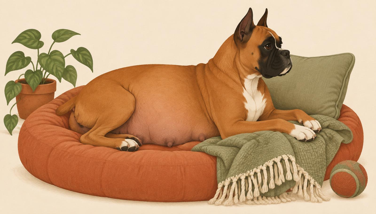 Illustration of a pregnant Boxer resting on a cushion